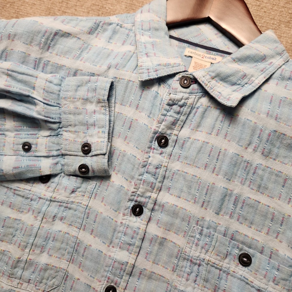 Carbon2Cobalt Button Down Mens Large Light Blue Textured Dobby Plaid Trim Shirt